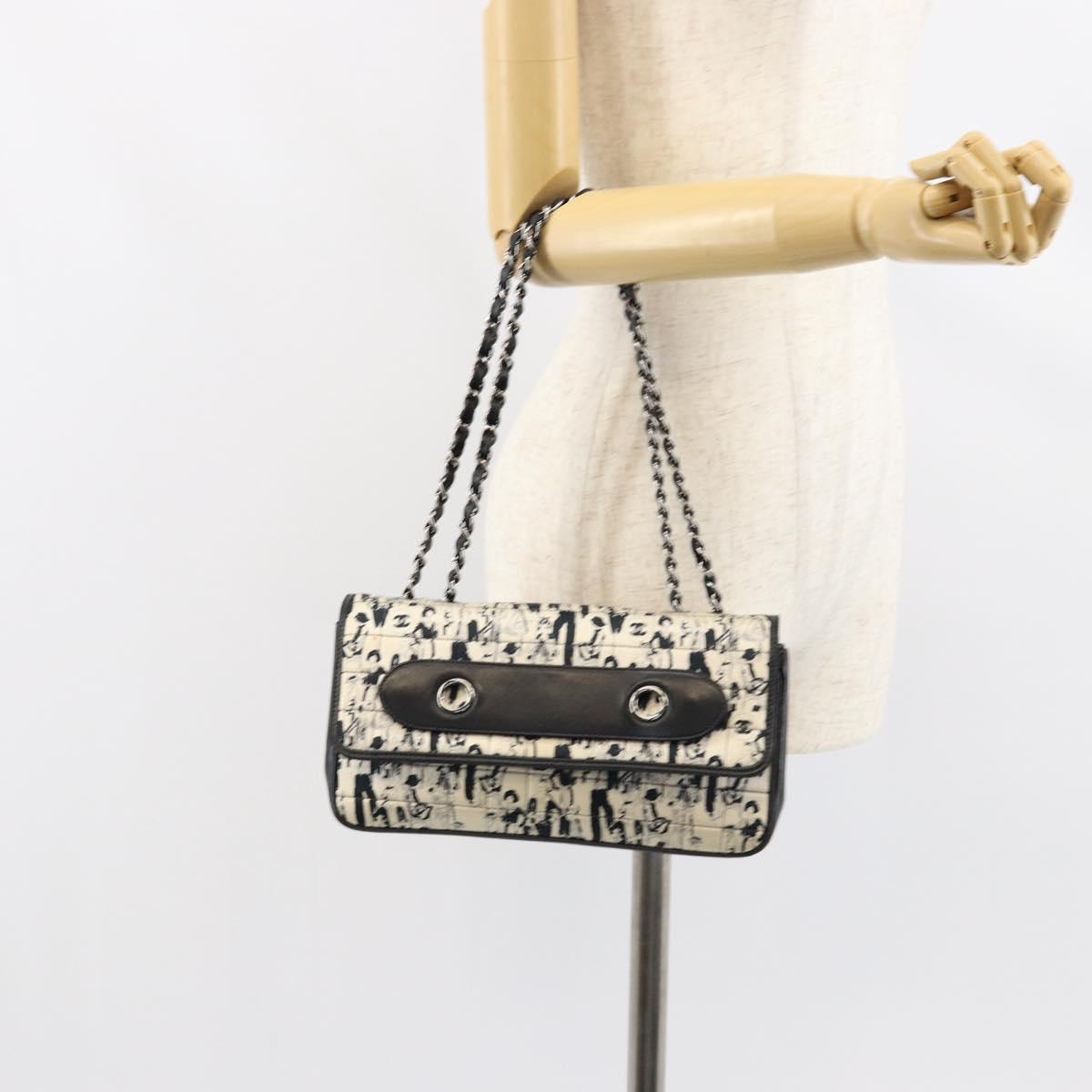 CHANEL Choco Bar Chain Shoulder Bag Satin Black Silver CC Auth 144833V