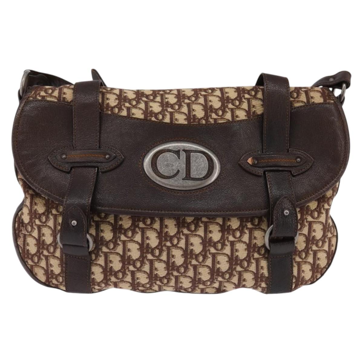 Christian Dior Trotter Canvas Shoulder Bag Brown Silver Auth 144872