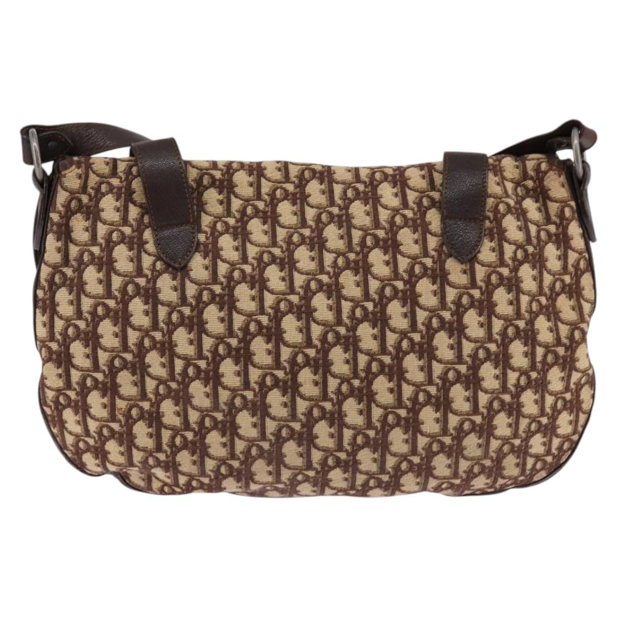 Christian Dior Trotter Canvas Shoulder Bag Brown Silver Auth 144872