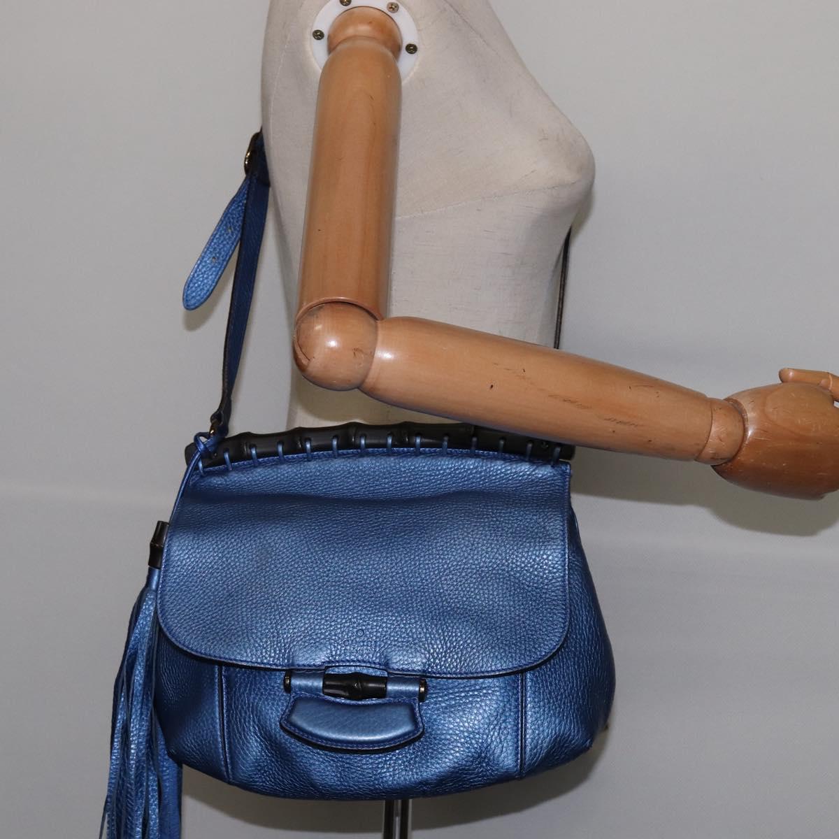 GUCCI Bamboo Shoulder Bag Leather Blue 0525040 347101 Auth 144873