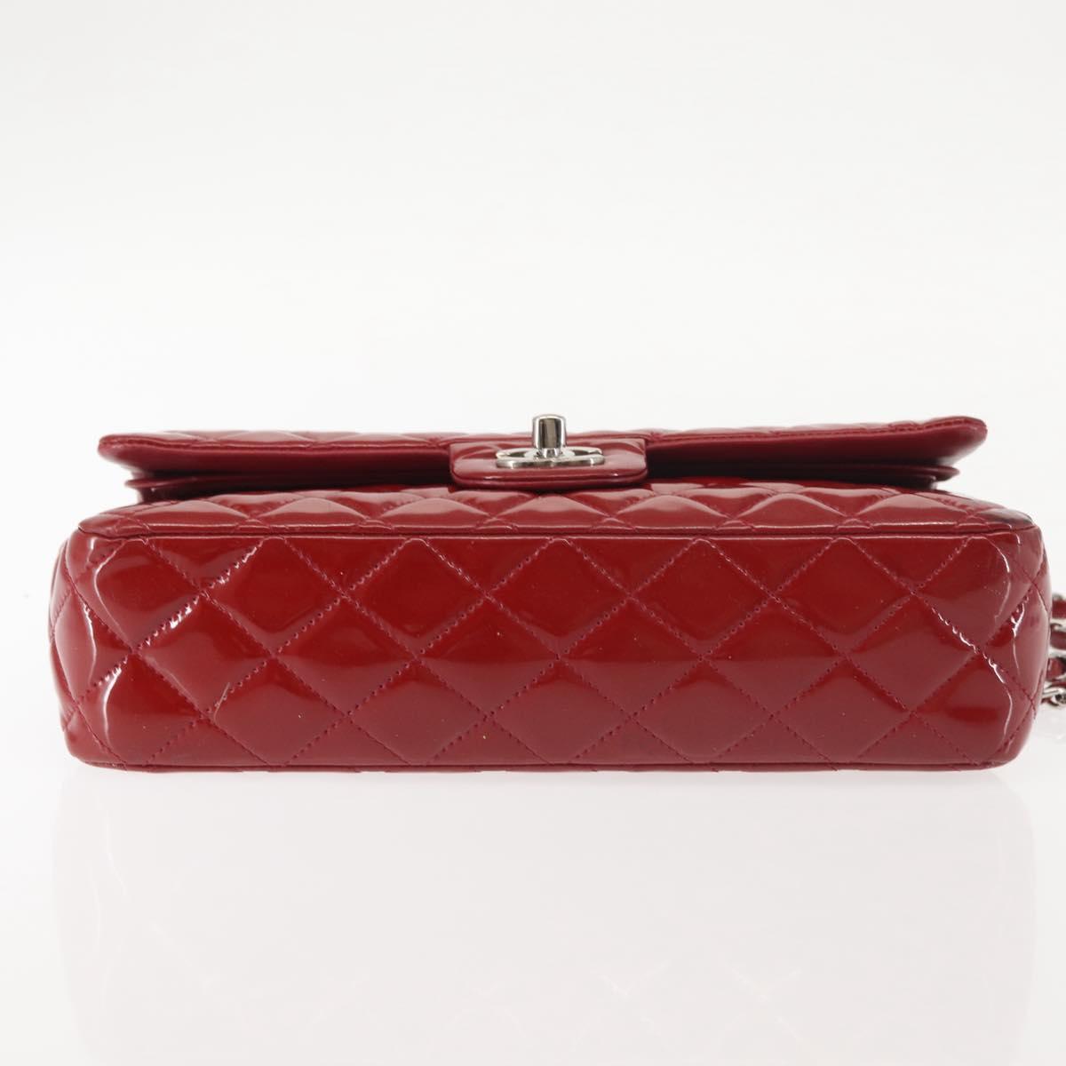 CHANEL Chain Double Flap Matelasse 25 Bag Patent leather Red Silver Auth 144878