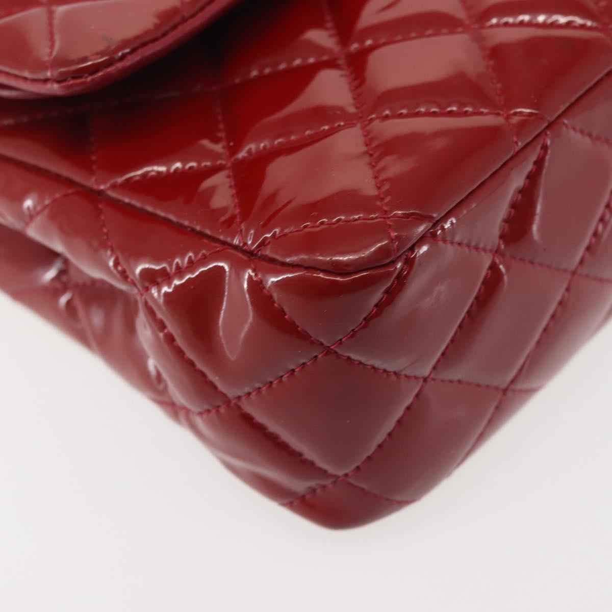 CHANEL Chain Double Flap Matelasse 25 Bag Patent leather Red Silver Auth 144878