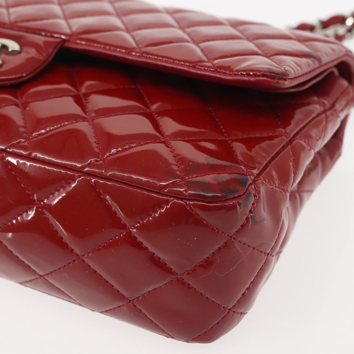 CHANEL Chain Double Flap Matelasse 25 Bag Patent leather Red Silver Auth 144878