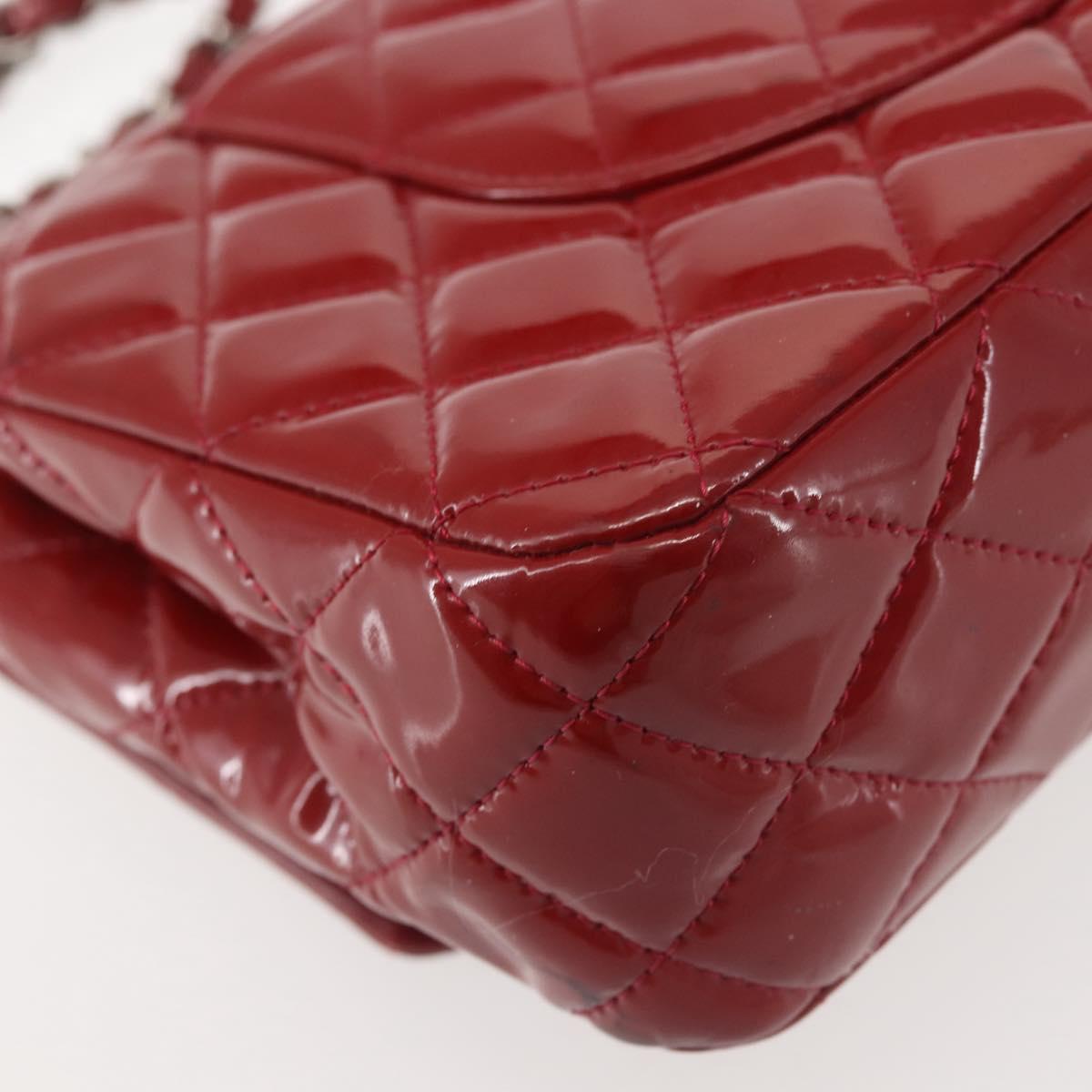 CHANEL Chain Double Flap Matelasse 25 Bag Patent leather Red Silver Auth 144878