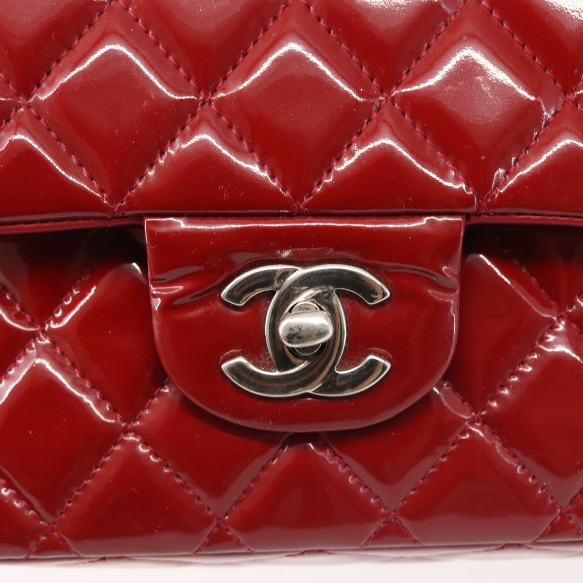 CHANEL Chain Double Flap Matelasse 25 Bag Patent leather Red Silver Auth 144878