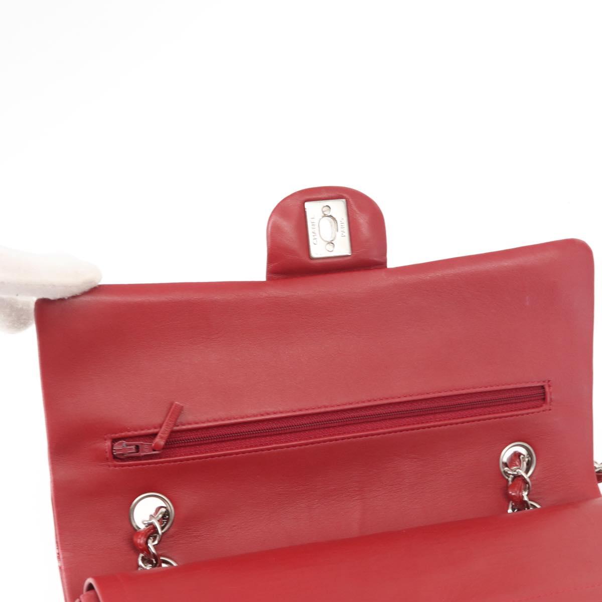 CHANEL Chain Double Flap Matelasse 25 Bag Patent leather Red Silver Auth 144878