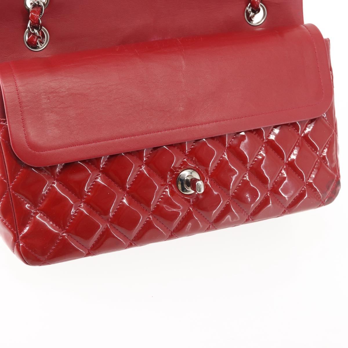 CHANEL Chain Double Flap Matelasse 25 Bag Patent leather Red Silver Auth 144878