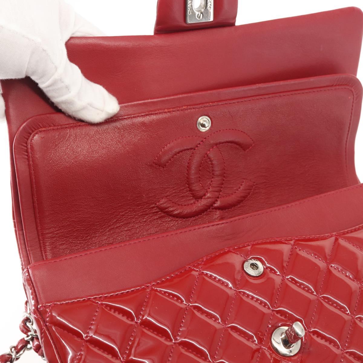 CHANEL Chain Double Flap Matelasse 25 Bag Patent leather Red Silver Auth 144878
