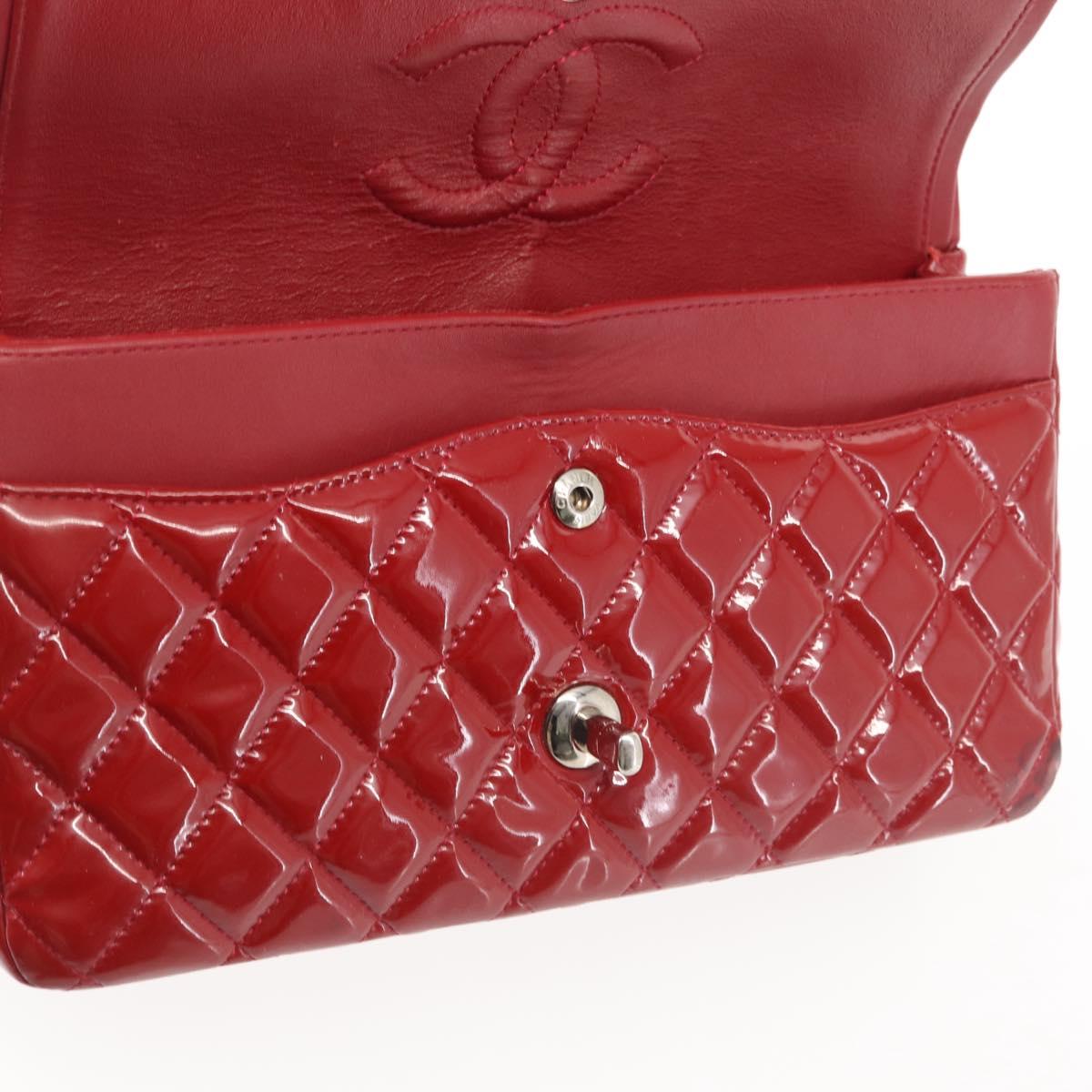CHANEL Chain Double Flap Matelasse 25 Bag Patent leather Red Silver Auth 144878