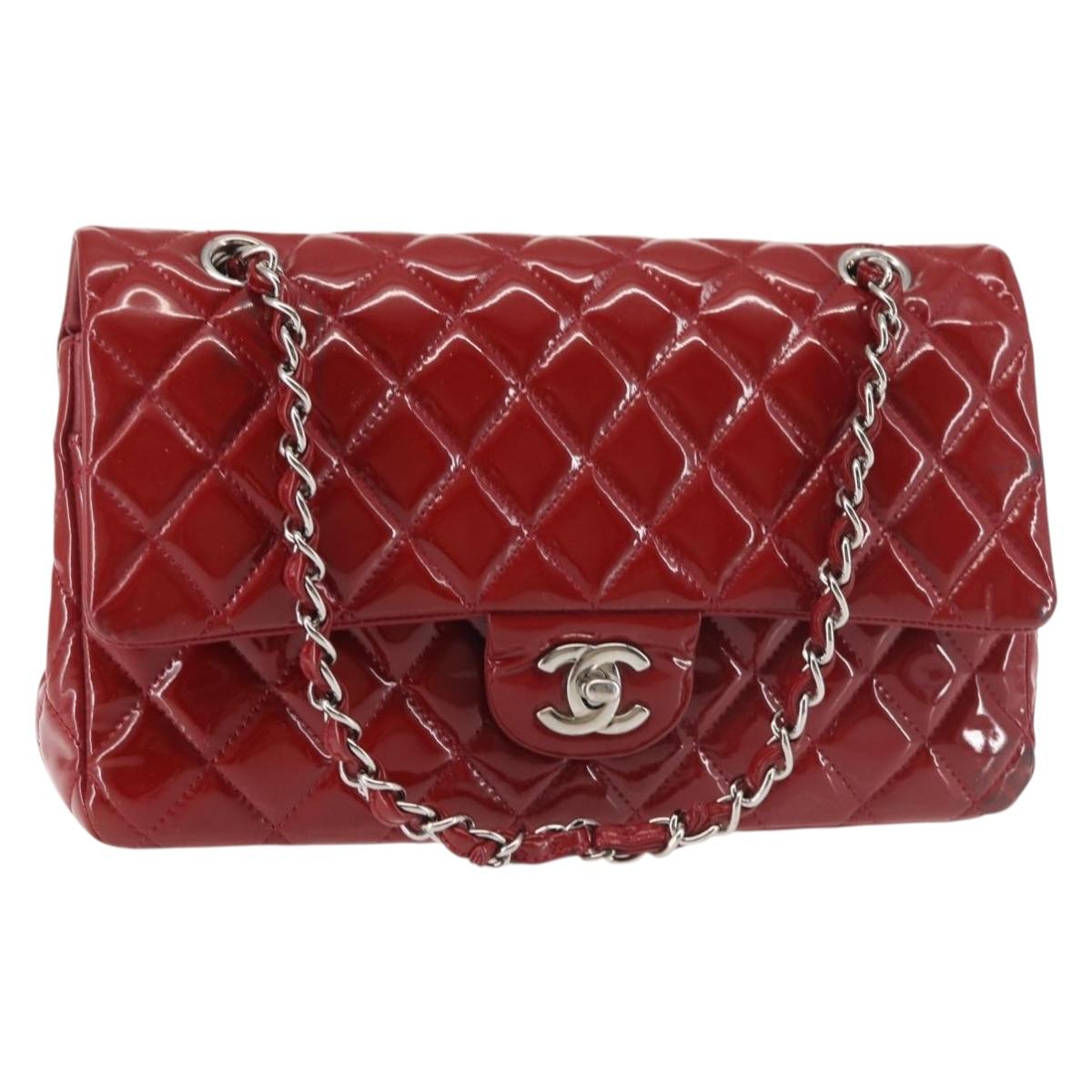 CHANEL Chain Double Flap Matelasse 25 Bag Patent leather Red Silver Auth 144878
