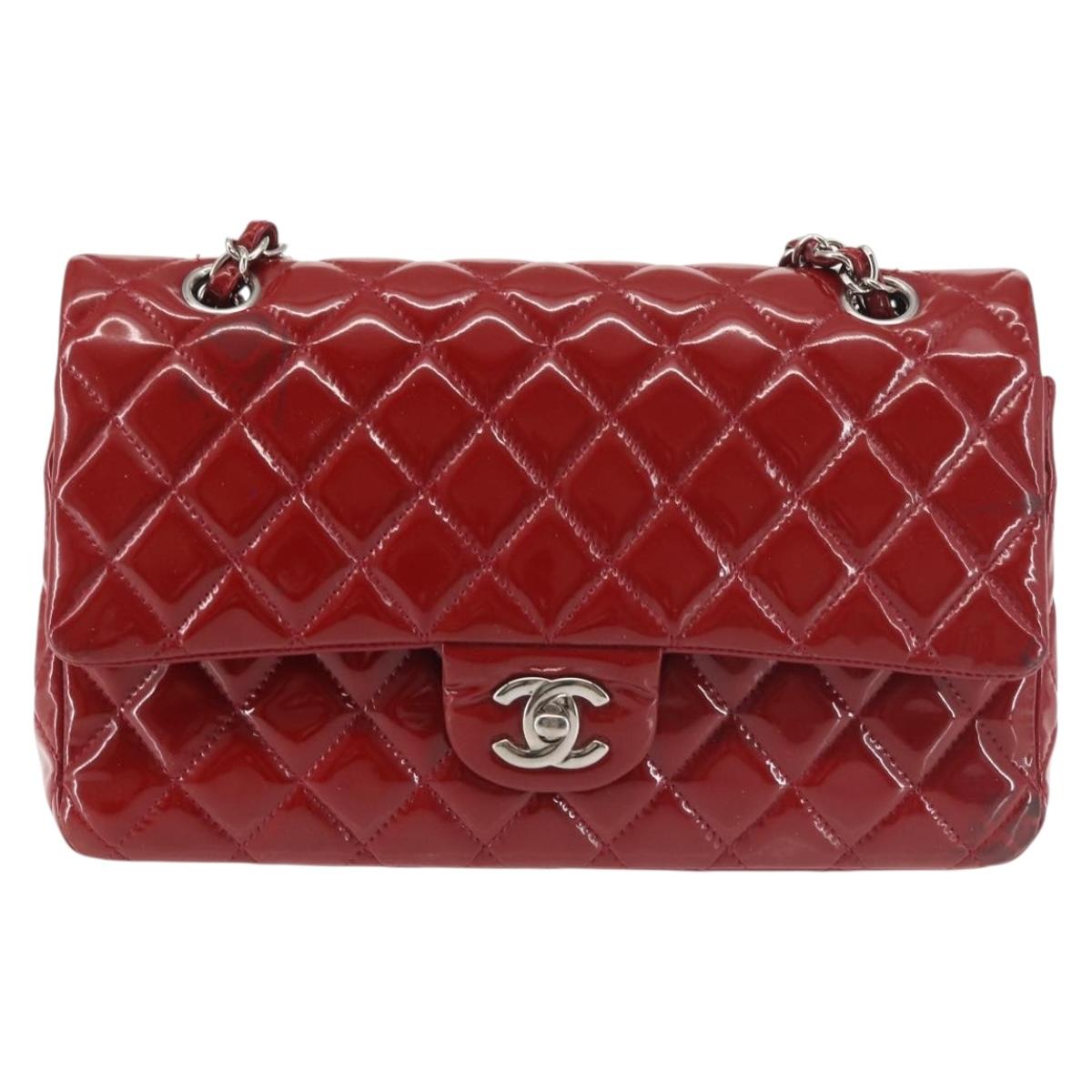 CHANEL Chain Double Flap Matelasse 25 Bag Patent leather Red Silver Auth 144878