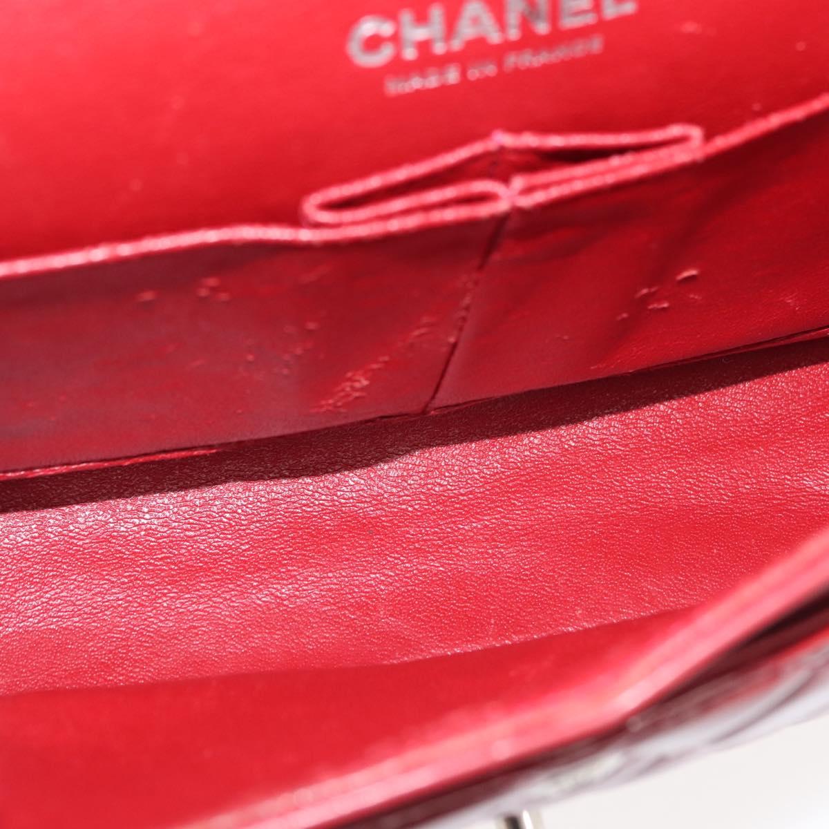 CHANEL Chain Double Flap Matelasse 25 Bag Patent leather Red Silver Auth 144878