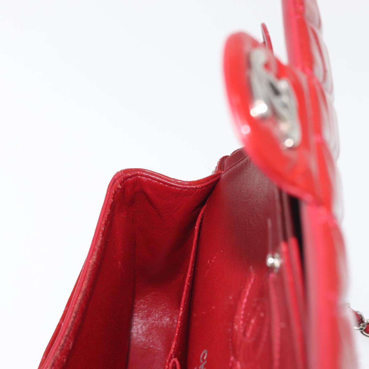 CHANEL Chain Double Flap Matelasse 25 Bag Patent leather Red Silver Auth 144878