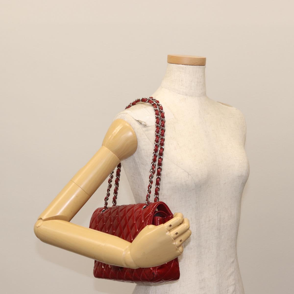 CHANEL Chain Double Flap Matelasse 25 Bag Patent leather Red Silver Auth 144878