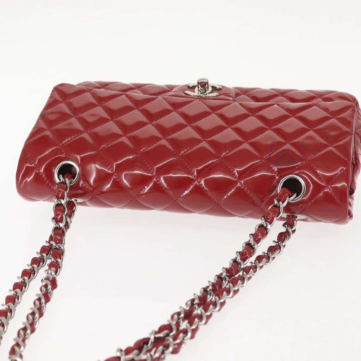 CHANEL Chain Double Flap Matelasse 25 Bag Patent leather Red Silver Auth 144878
