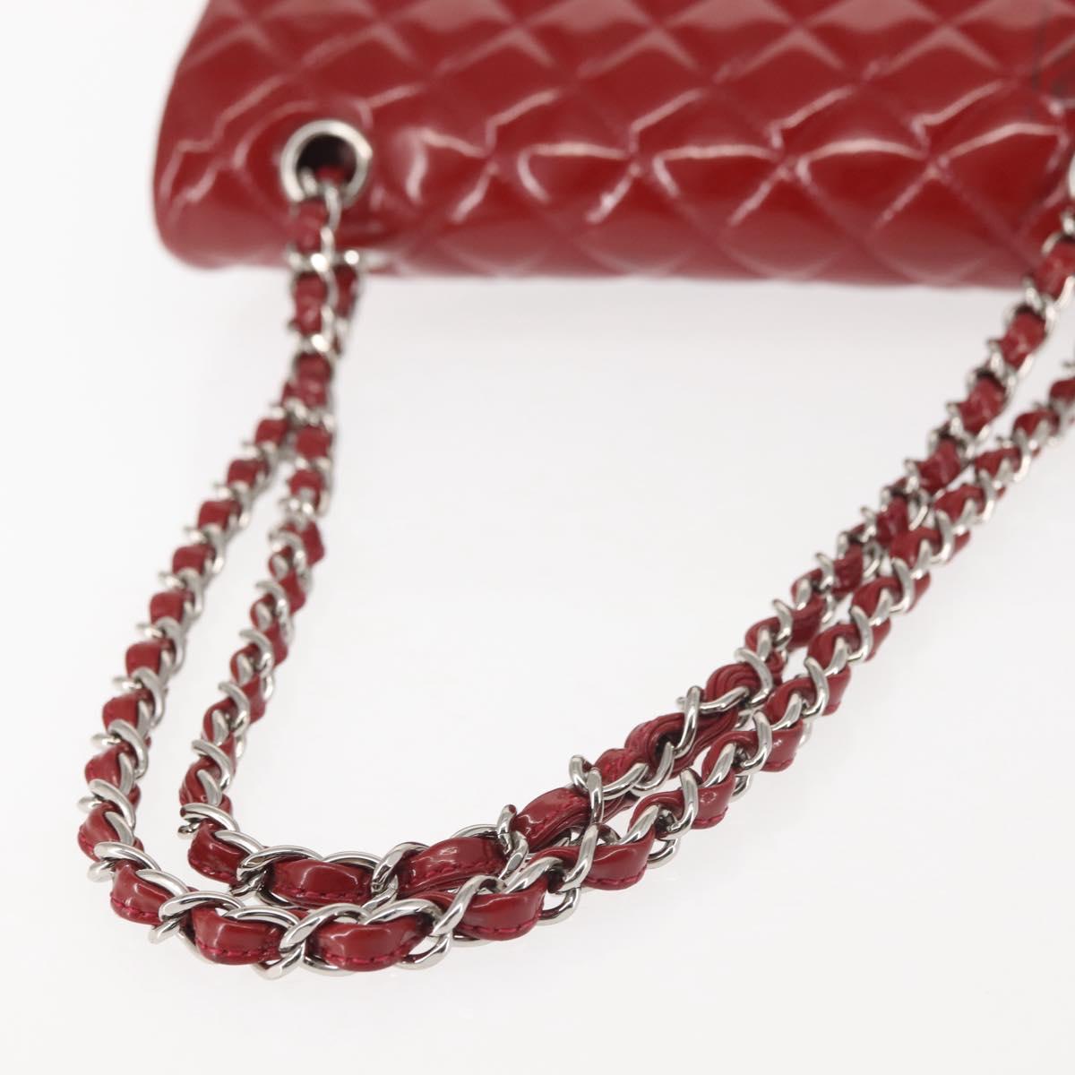 CHANEL Chain Double Flap Matelasse 25 Bag Patent leather Red Silver Auth 144878