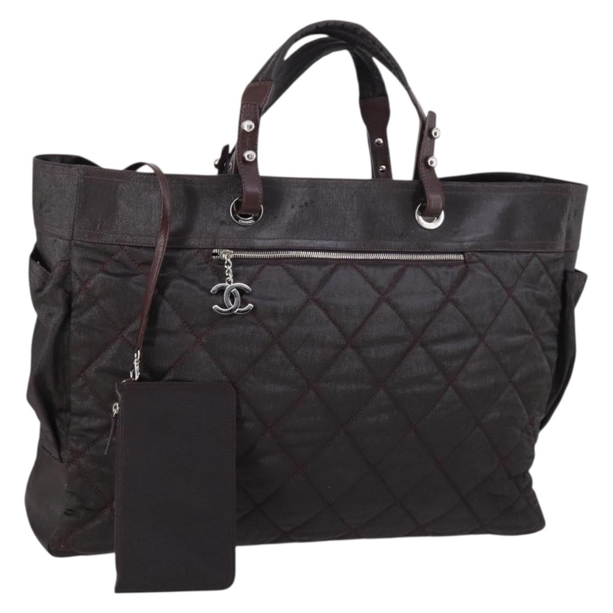 CHANEL Matelasse Paris Biarritz GM Bag Coated Canvas Black Silver CC Auth 144879