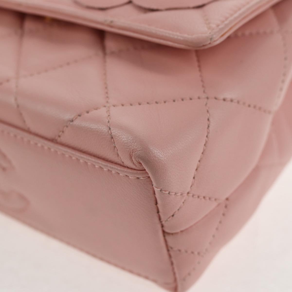 CHANEL Matelasse Camellia Chain Shoulder Bag Leather Pink Gold CC Auth 144882V