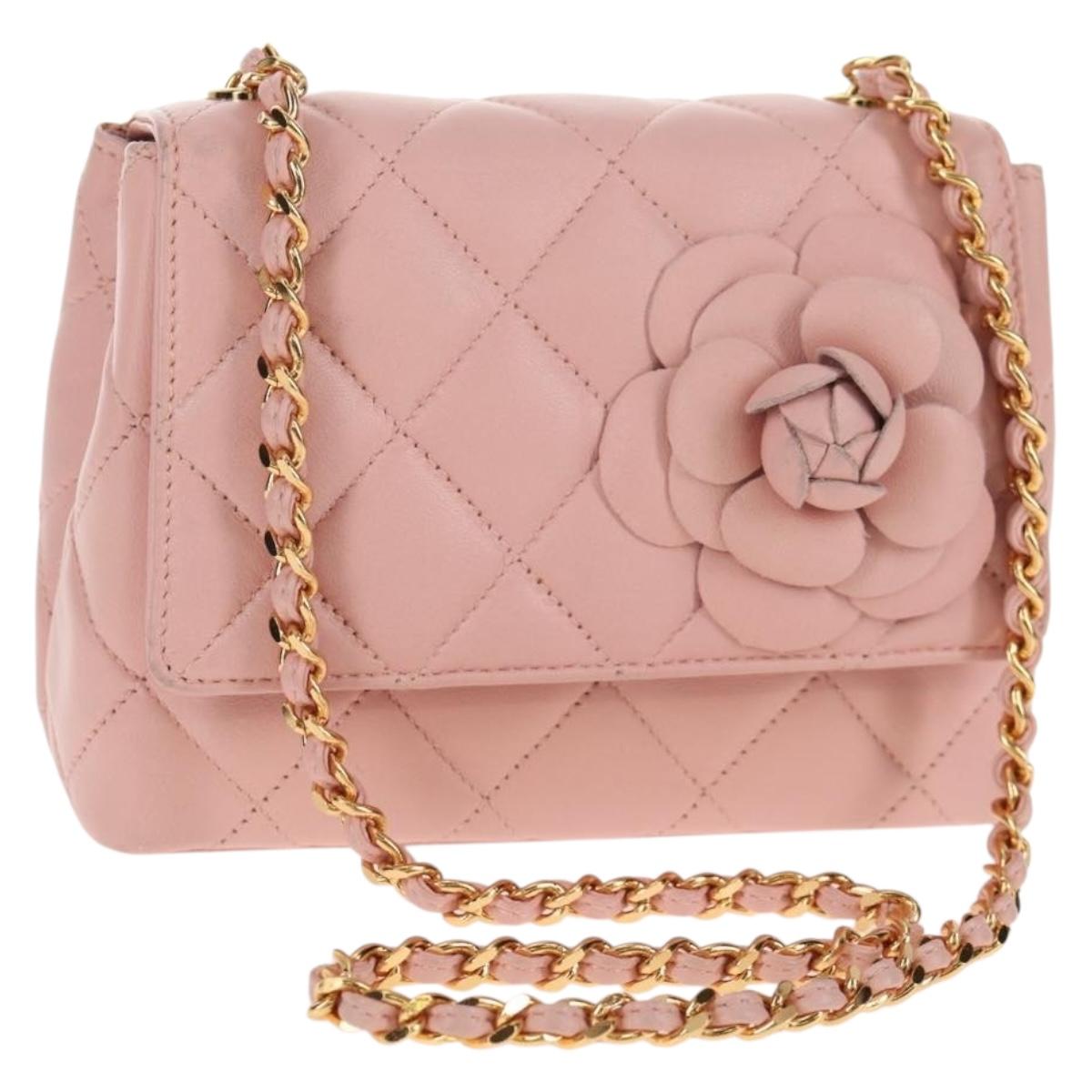 CHANEL Matelasse Camellia Chain Shoulder Bag Leather Pink Gold CC Auth 144882V