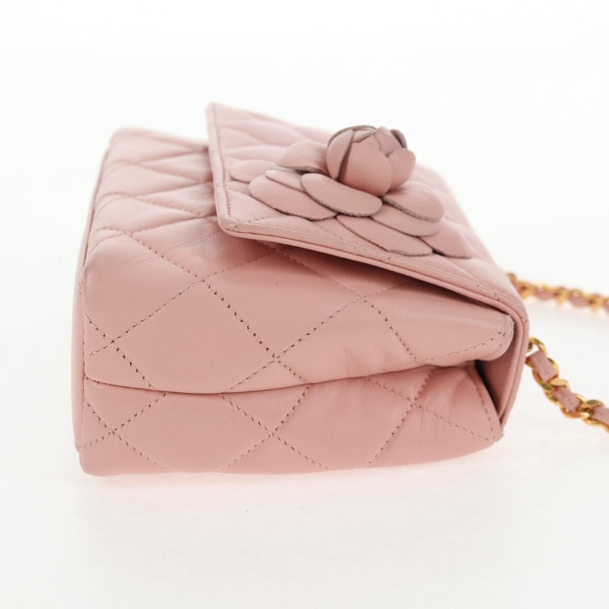 CHANEL Matelasse Camellia Chain Shoulder Bag Leather Pink Gold CC Auth 144882V