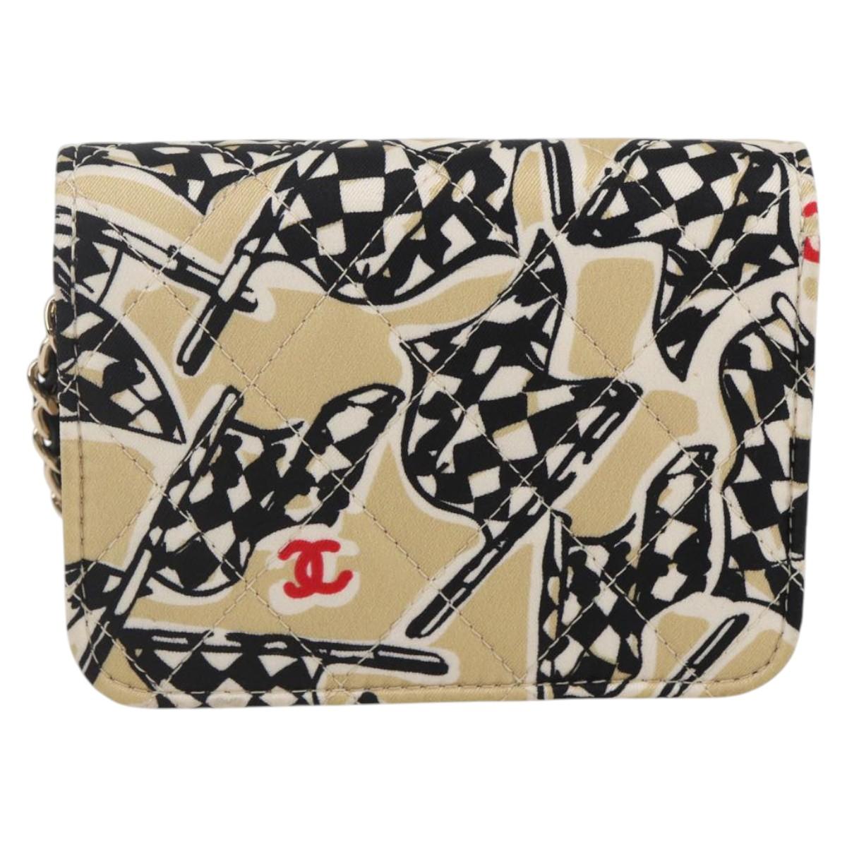 CHANEL Matelasse Checkered Flag Chain Shoulder Pouch Nylon Gold CC Auth 144883A