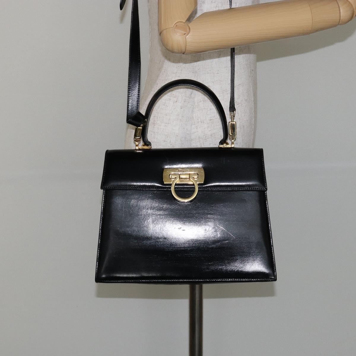 Salvatore Ferragamo Gancini Hand Bag Leather 2way Black Gold Auth 144914