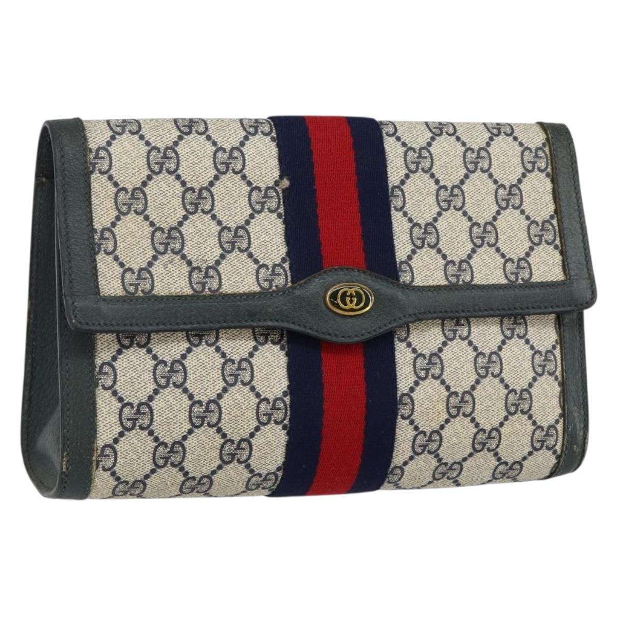 GUCCI GG Supreme Sherry Line Clutch Bag PVC Navy Red 89 01 006 Auth 144919