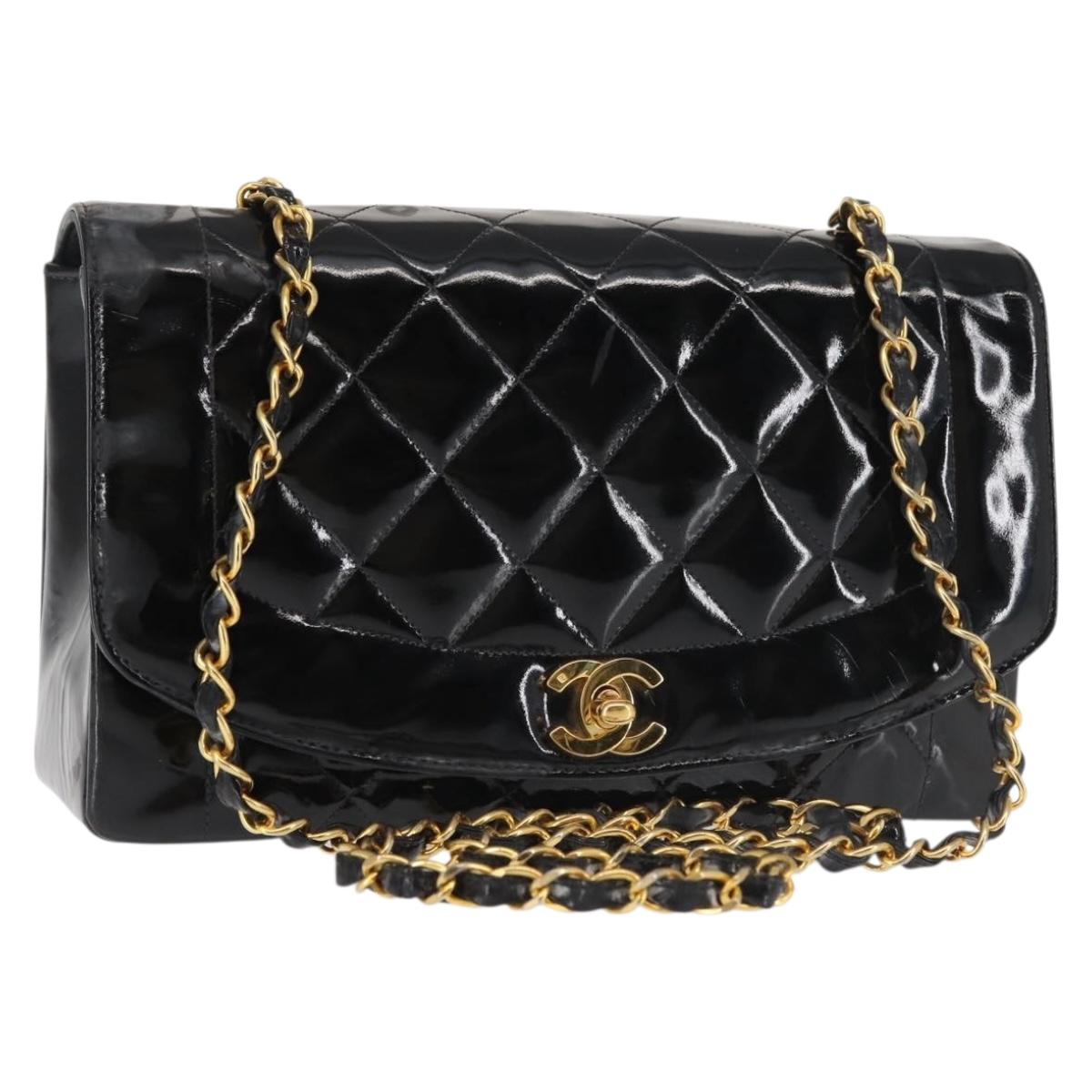CHANEL Chain Diana Shoulder Bag Patent leather Black Gold CC Auth 144924