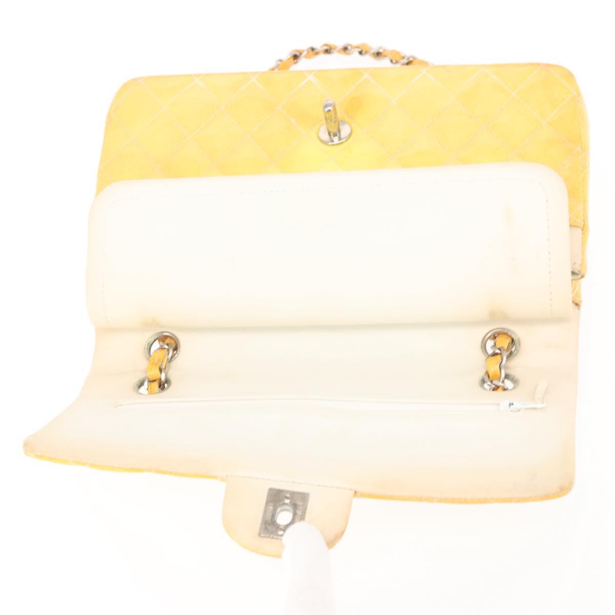 CHANEL Chain Matelasse25 Bag Patent leather Yellow Silver CC Auth 144925