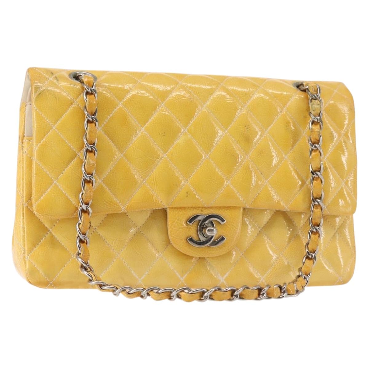 CHANEL Chain Matelasse25 Bag Patent leather Yellow Silver CC Auth 144925