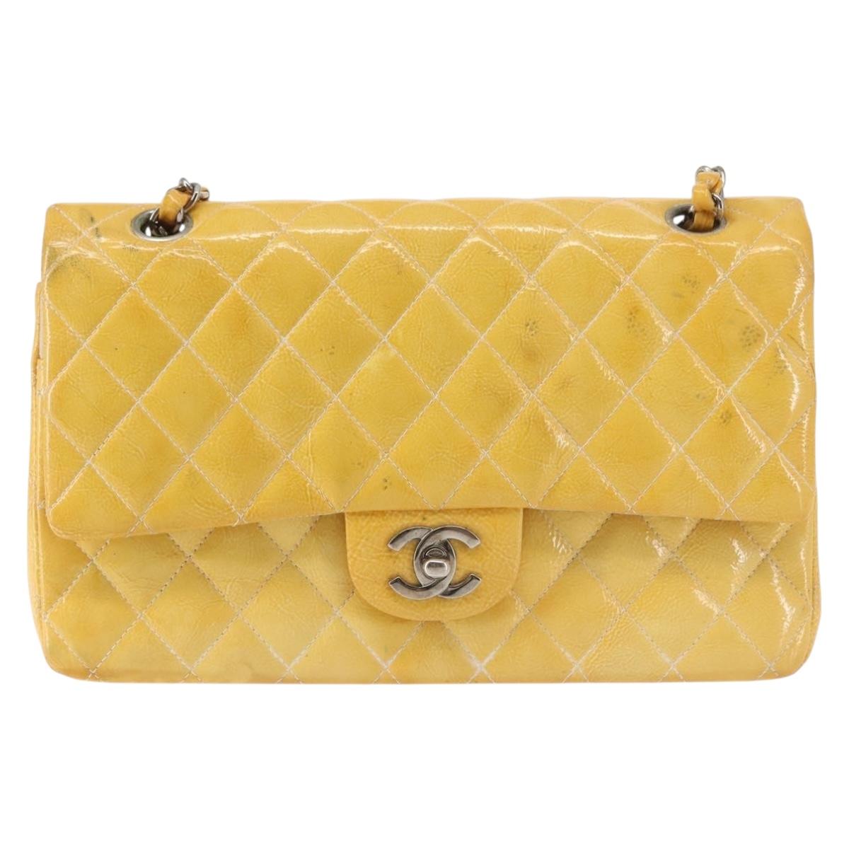 CHANEL Chain Matelasse25 Bag Patent leather Yellow Silver CC Auth 144925