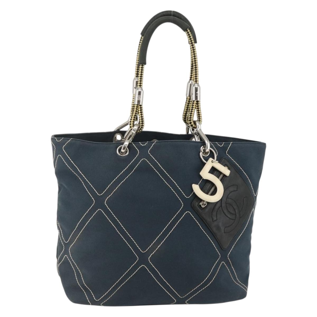 CHANEL Tote Bag Canvas Navy Silver CC Auth 144926