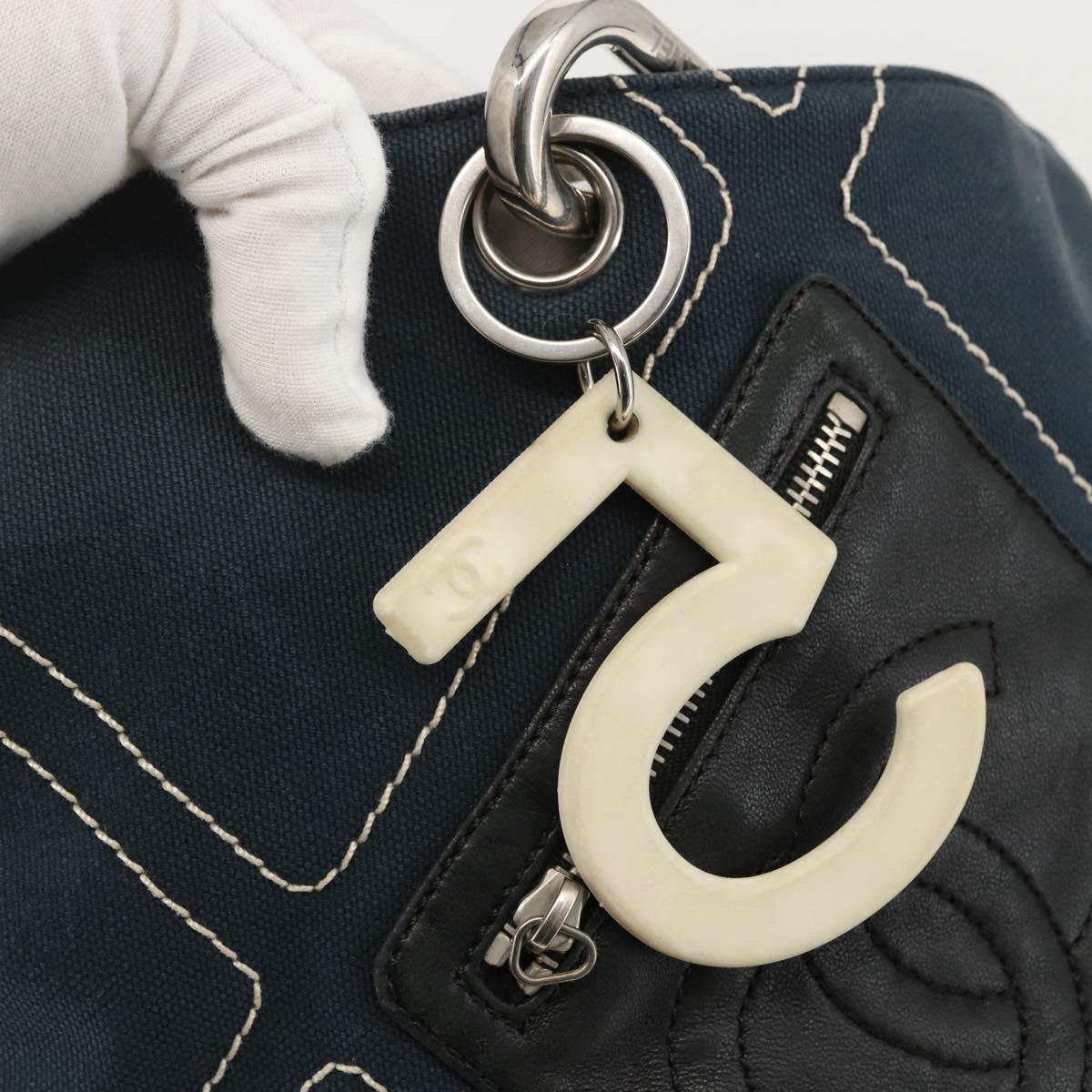 CHANEL Tote Bag Canvas Navy Silver CC Auth 144926