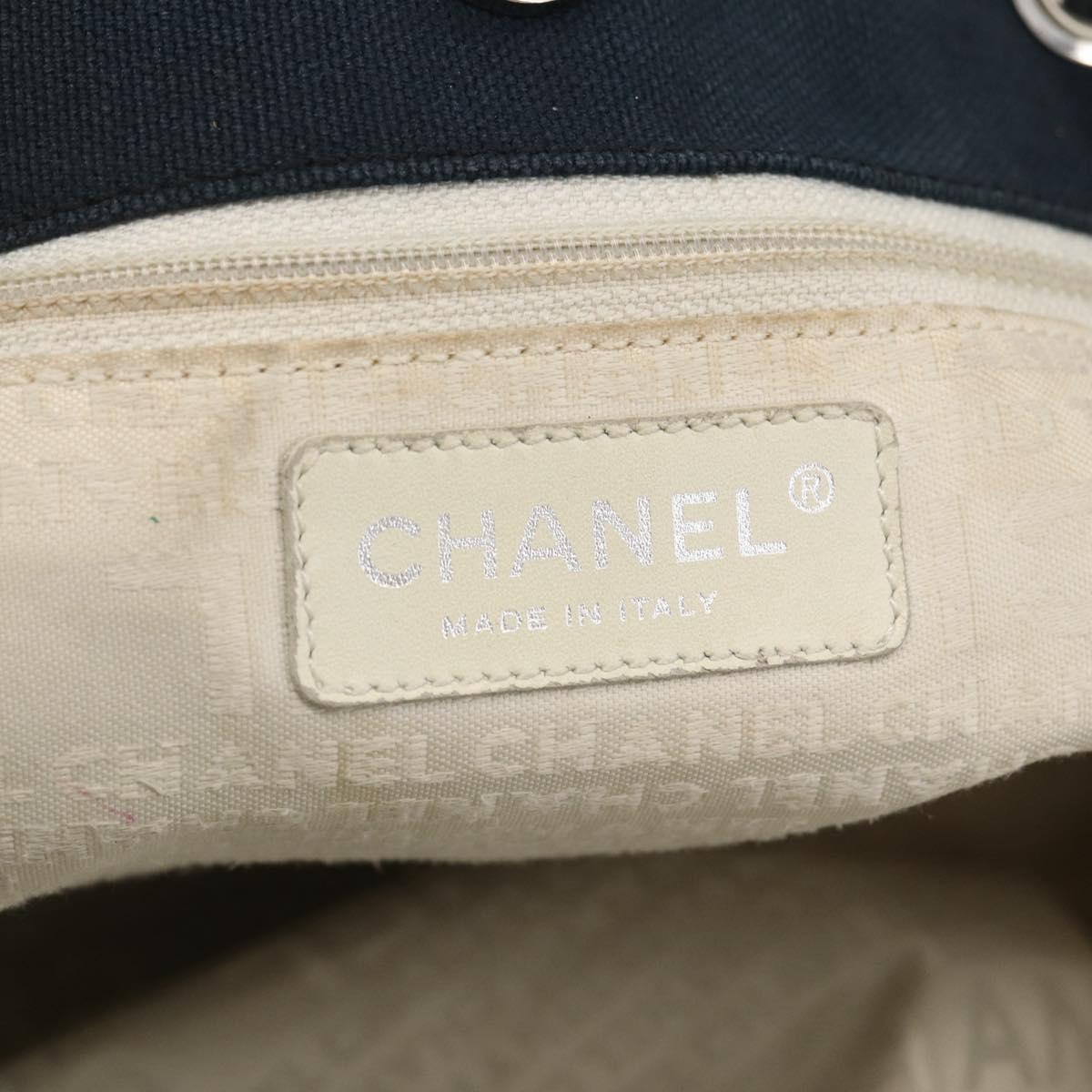 CHANEL Tote Bag Canvas Navy Silver CC Auth 144926