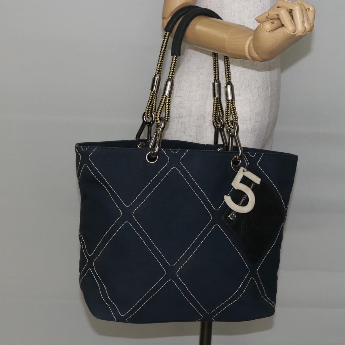 CHANEL Tote Bag Canvas Navy Silver CC Auth 144926