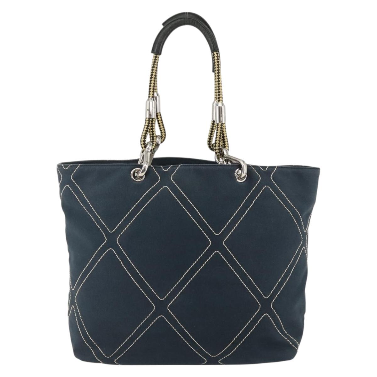CHANEL Tote Bag Canvas Navy Silver CC Auth 144926