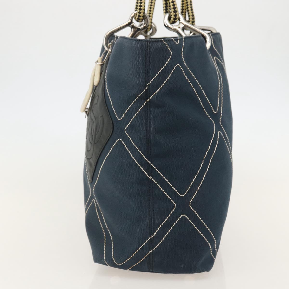 CHANEL Tote Bag Canvas Navy Silver CC Auth 144926