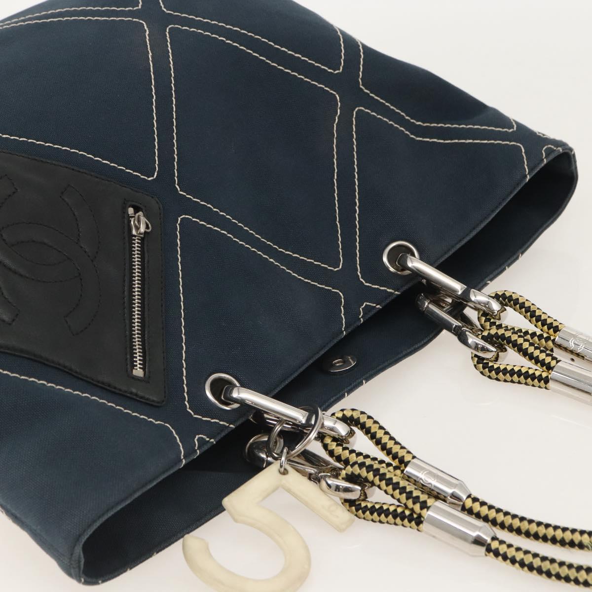 CHANEL Tote Bag Canvas Navy Silver CC Auth 144926