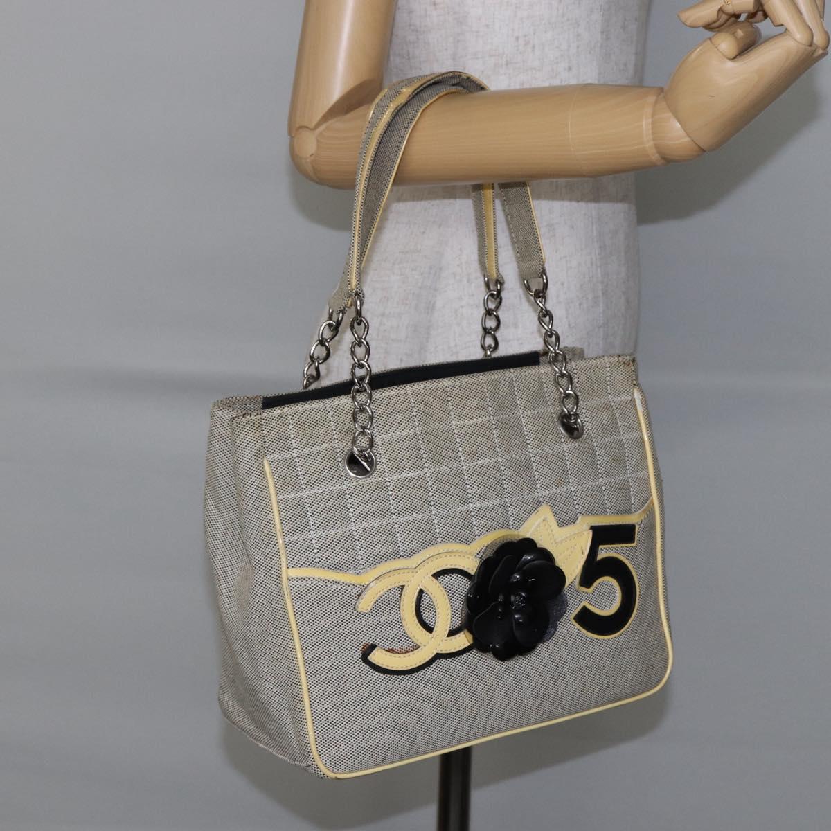 CHANEL Choco Bar Camelia Tote Bag Canvas Gray Silver CC Auth 144927
