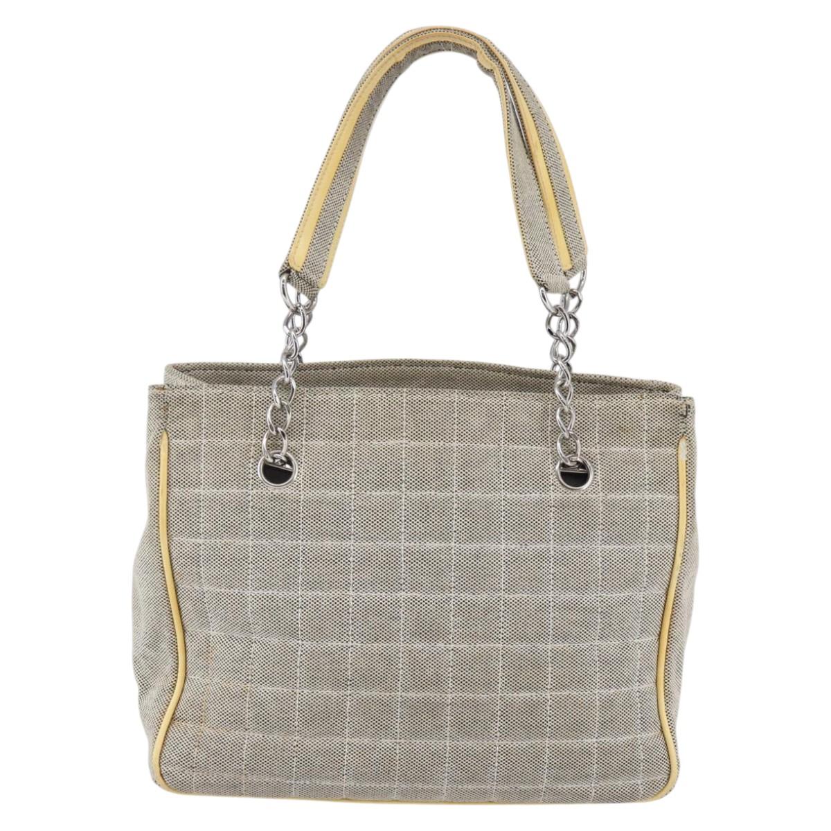 CHANEL Choco Bar Camelia Tote Bag Canvas Gray Silver CC Auth 144927