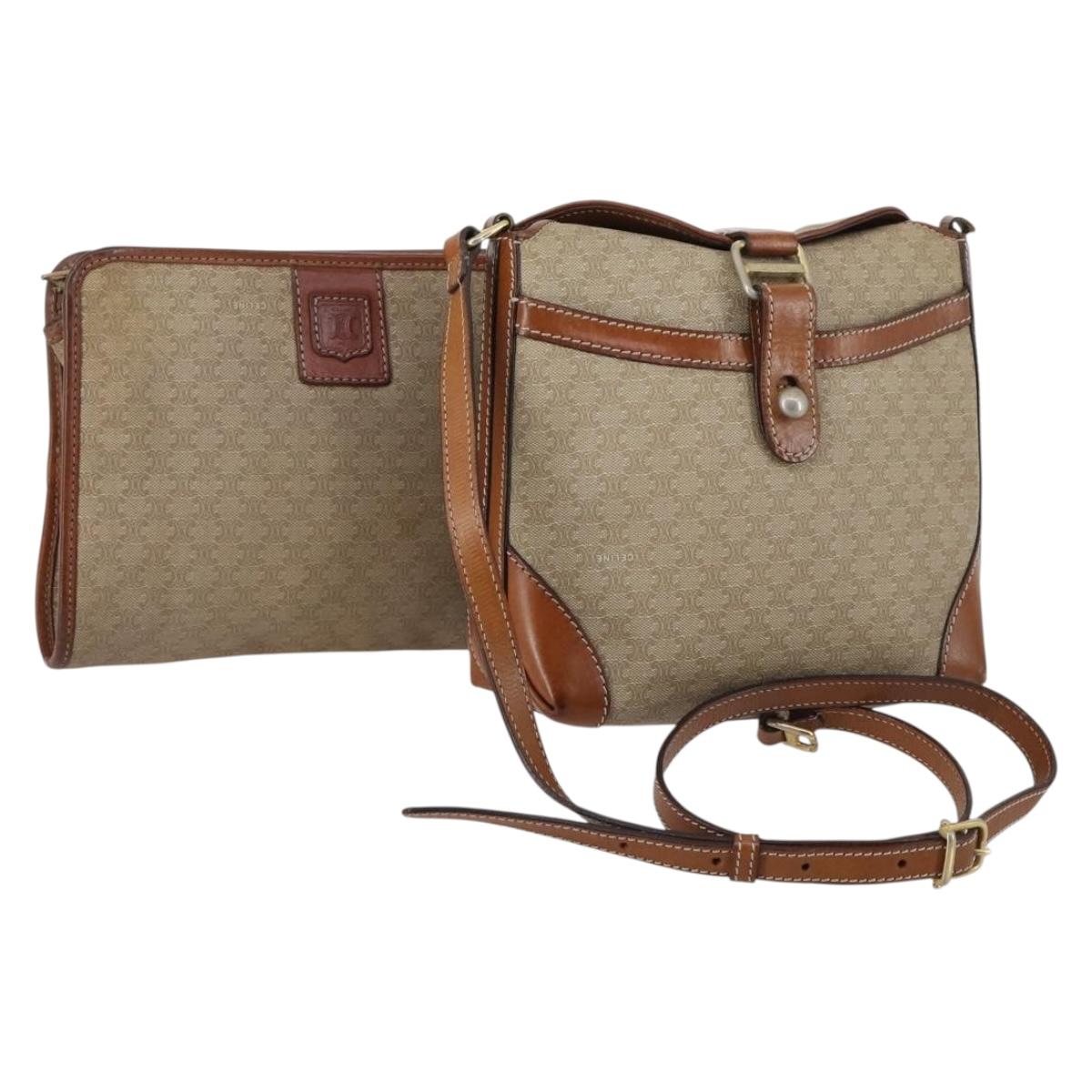 CELINE Macadam Canvas Shoulder Bag PVC Beige Gold Auth 144940