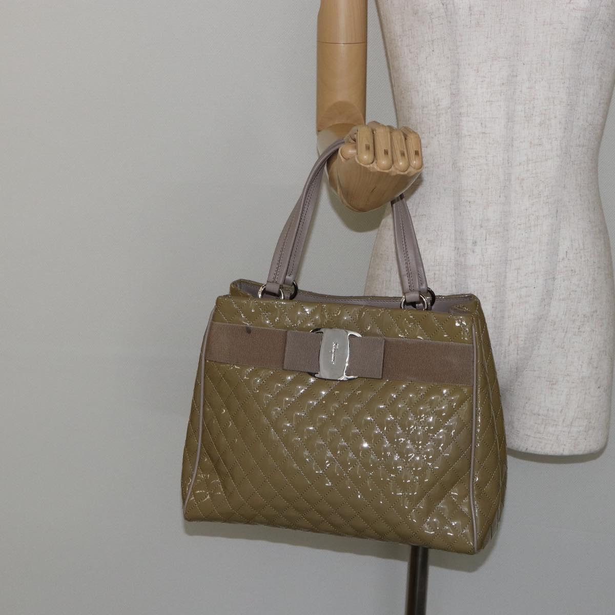 Salvatore Ferragamo Vala Tote Bag Enamel Khaki Silver Auth 144975
