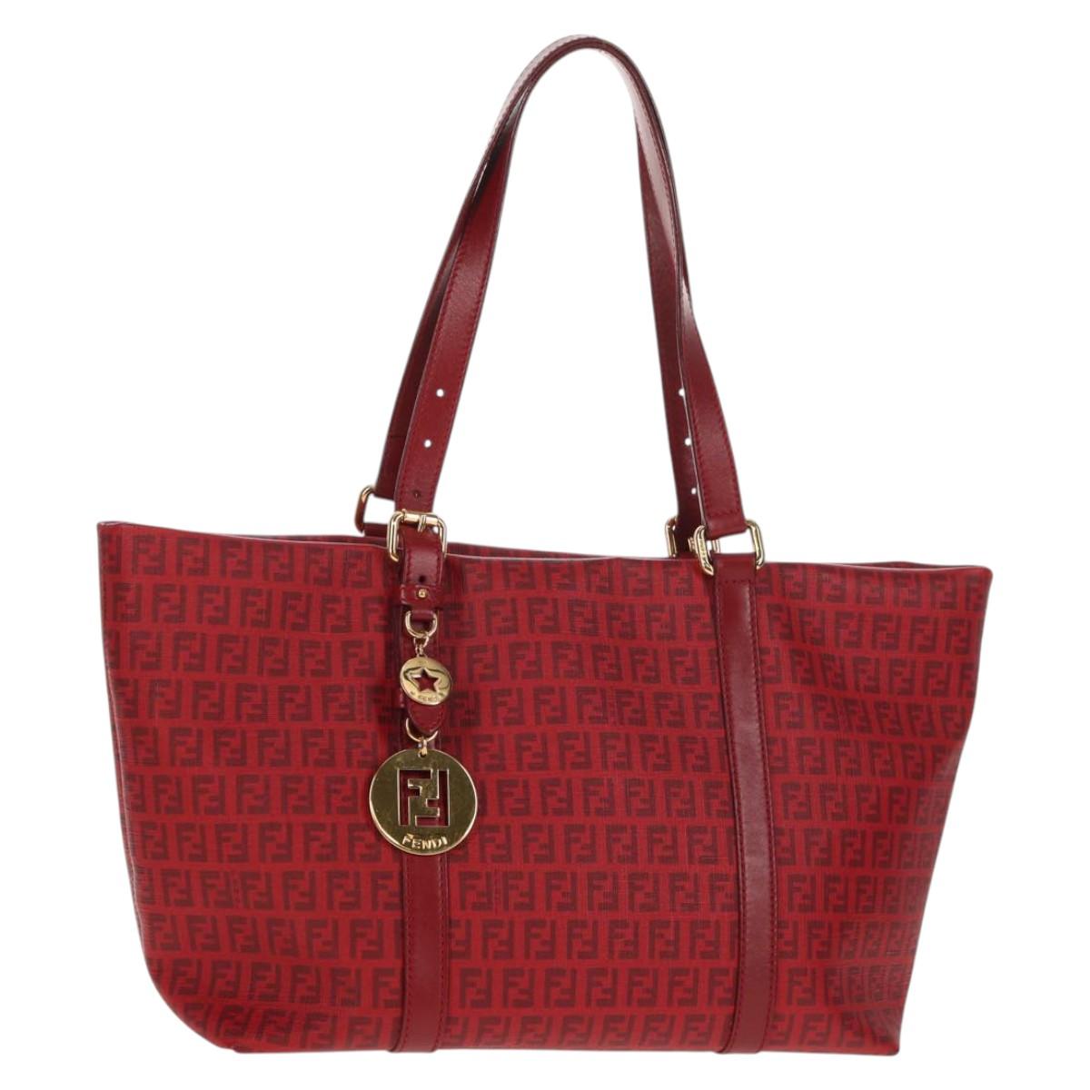 FENDI Zucchino Canvas Tote Bag PVC Red Gold Auth 144978V