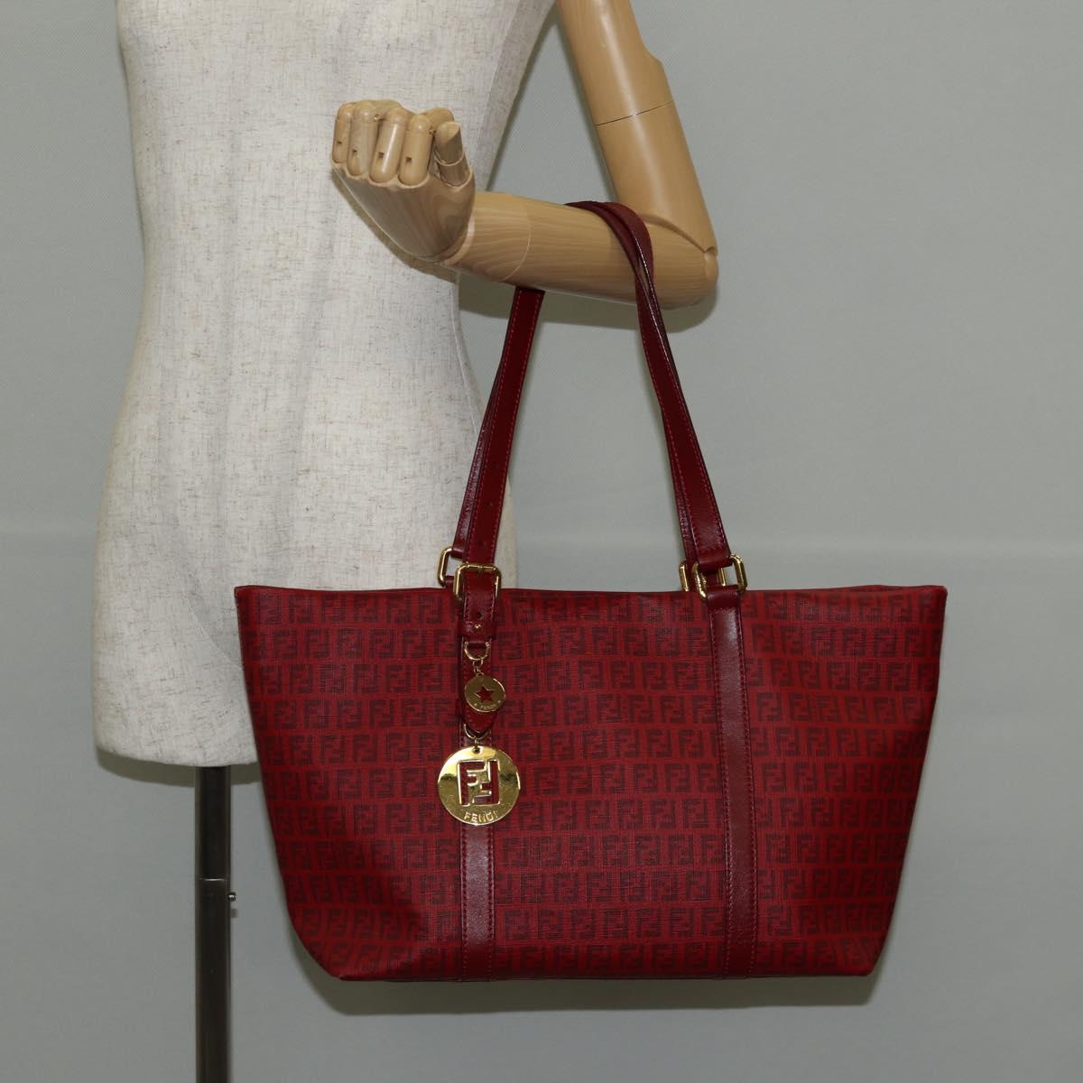 FENDI Zucchino Canvas Tote Bag PVC Red Gold Auth 144978V