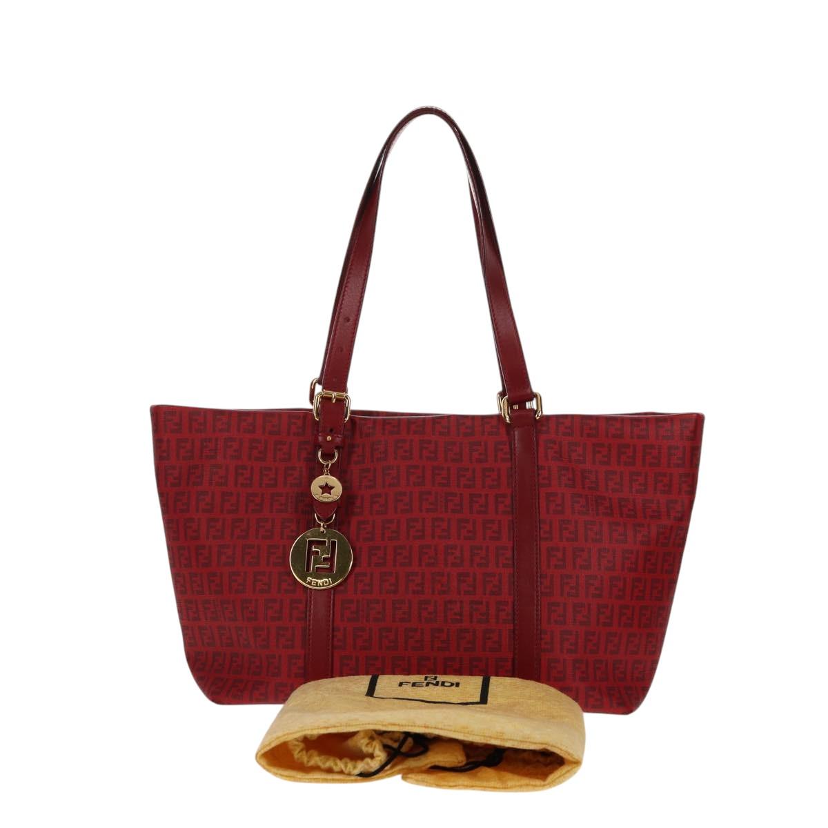 FENDI Zucchino Canvas Tote Bag PVC Red Gold Auth 144978V