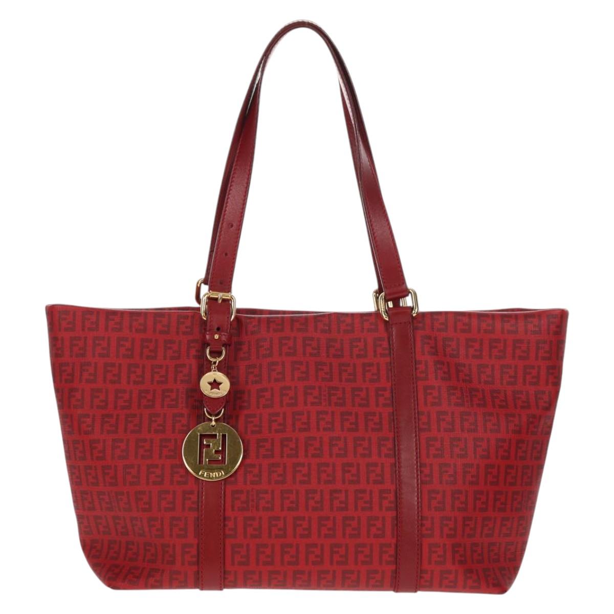 FENDI Zucchino Canvas Tote Bag PVC Red Gold Auth 144978V
