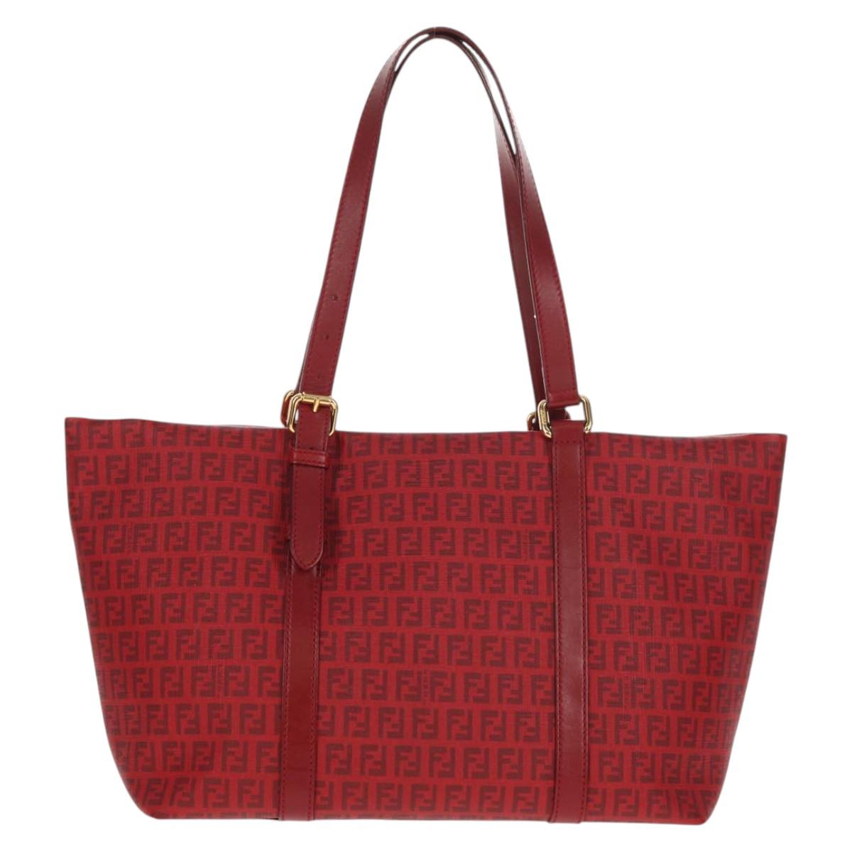 FENDI Zucchino Canvas Tote Bag PVC Red Gold Auth 144978V