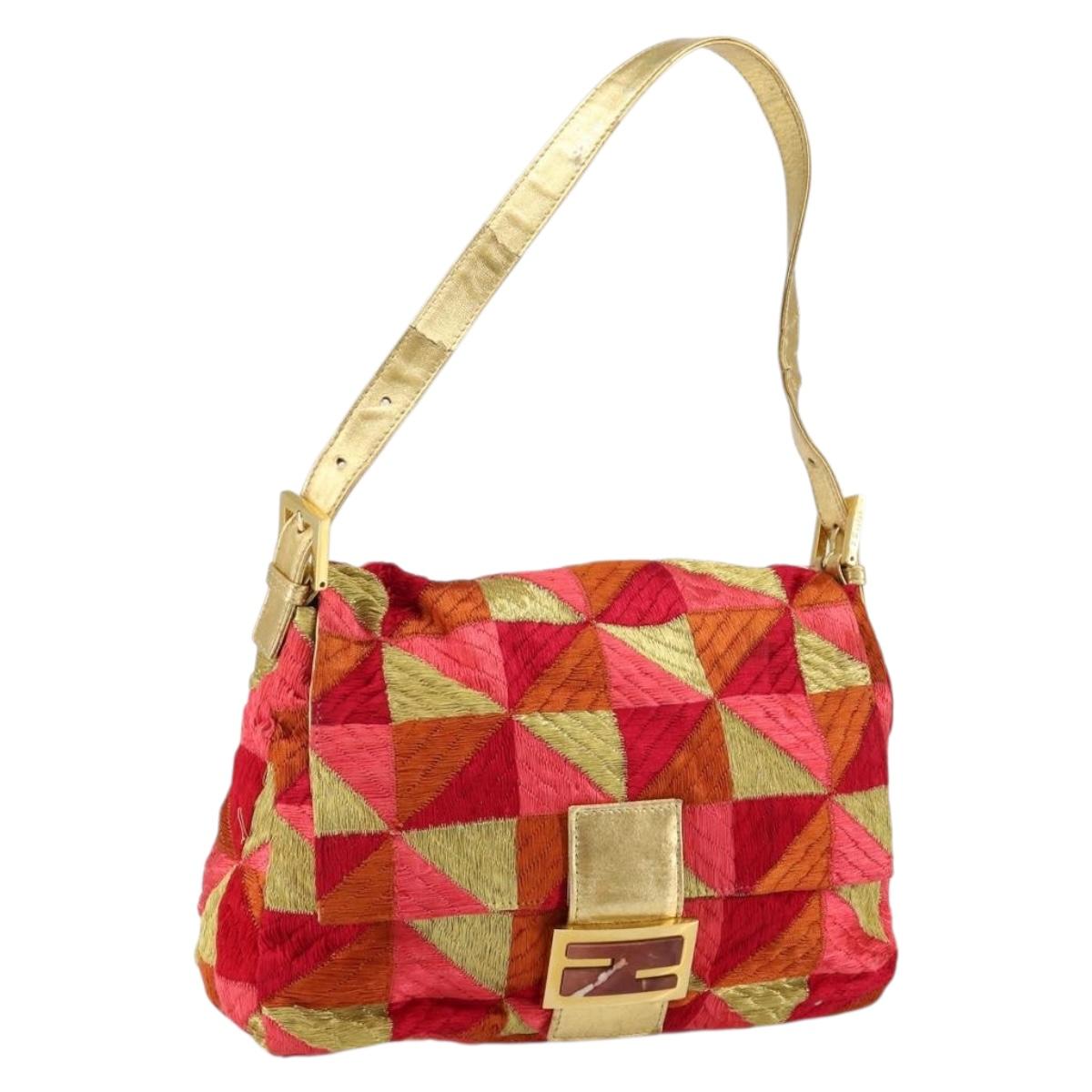 FENDI Mamma Baguette Shoulder Bag Satin Red Gold Auth 144979