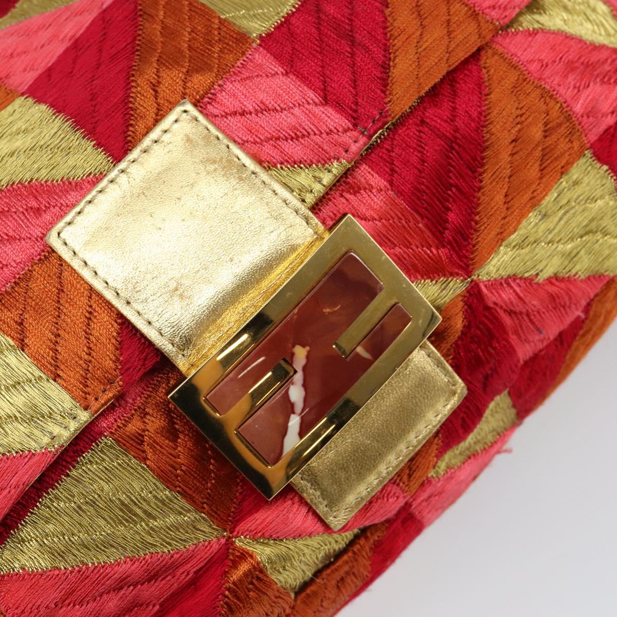 FENDI Mamma Baguette Shoulder Bag Satin Red Gold Auth 144979