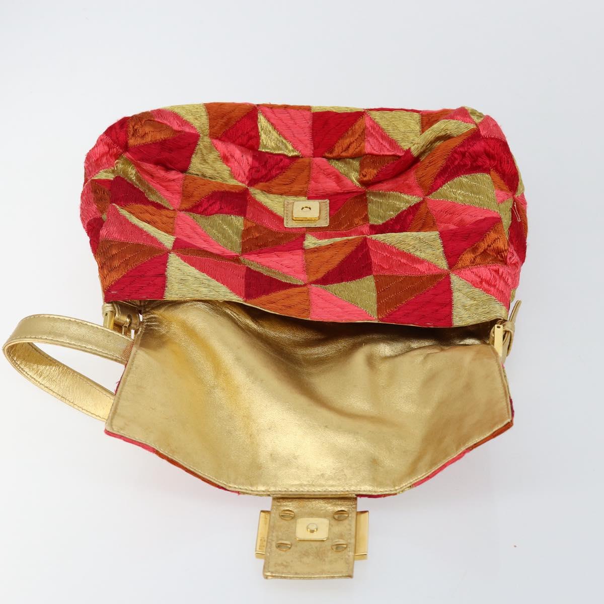 FENDI Mamma Baguette Shoulder Bag Satin Red Gold Auth 144979